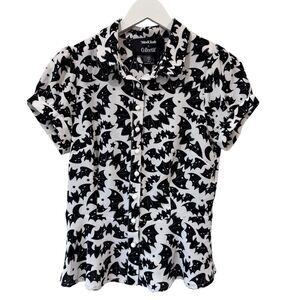 Collectif x ModCloth Bats Print Button Blouse Peplum Black White Retro XS/US 4
